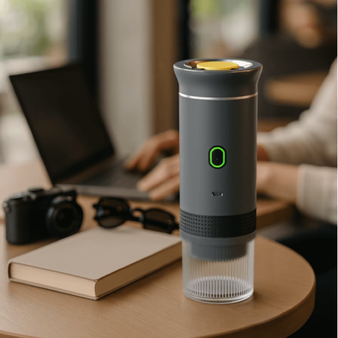 PRESSO portable espresso maker in graphite gray on desk with laptop and camera, perfect for work and travel.